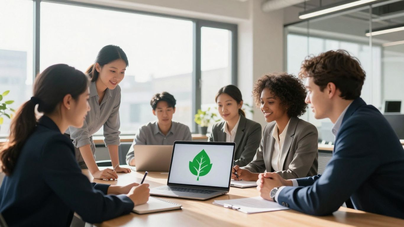 Business professionals discussing carbon footprint software.