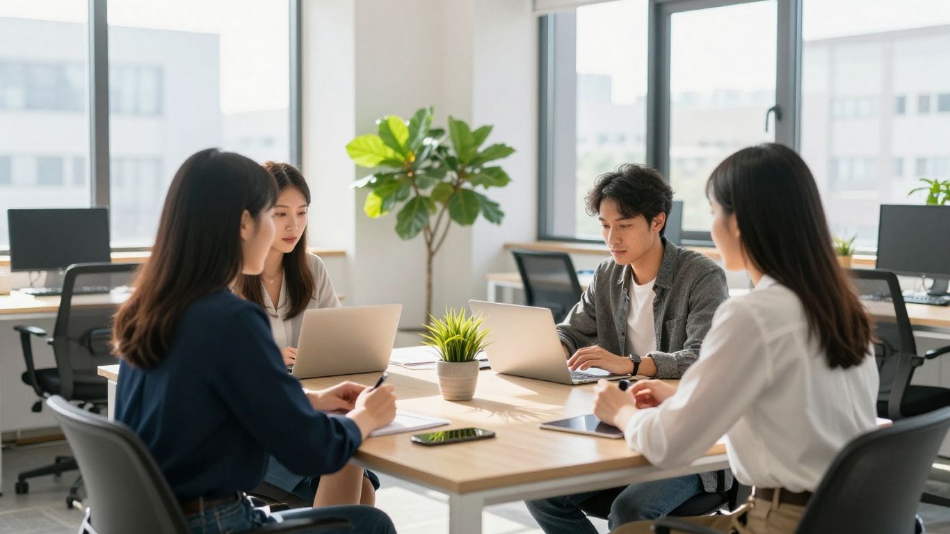 Professionals collaborating in a bright, modern office with a plant.