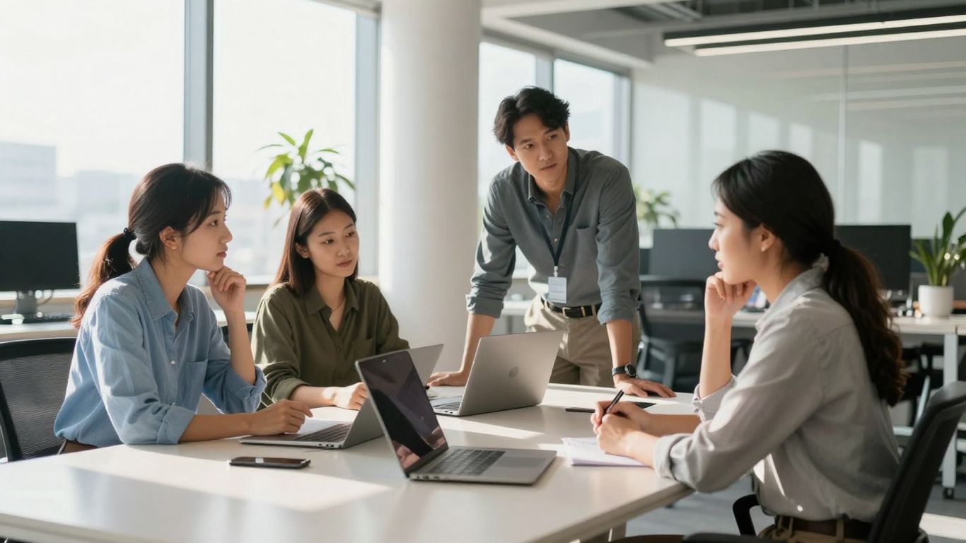 Professionals collaborating in a bright, modern office space.