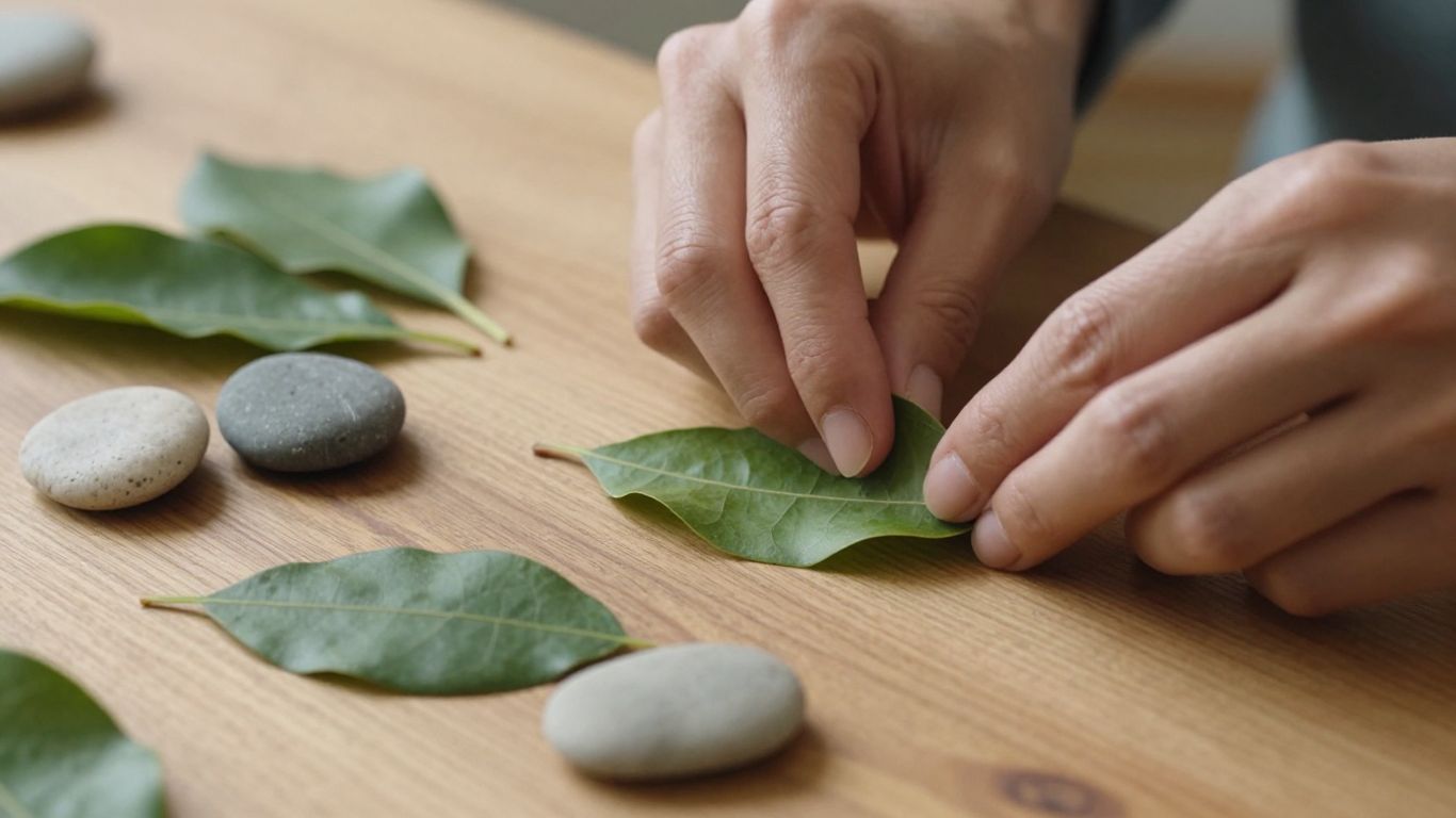 Hands arranging natural elements for a report.