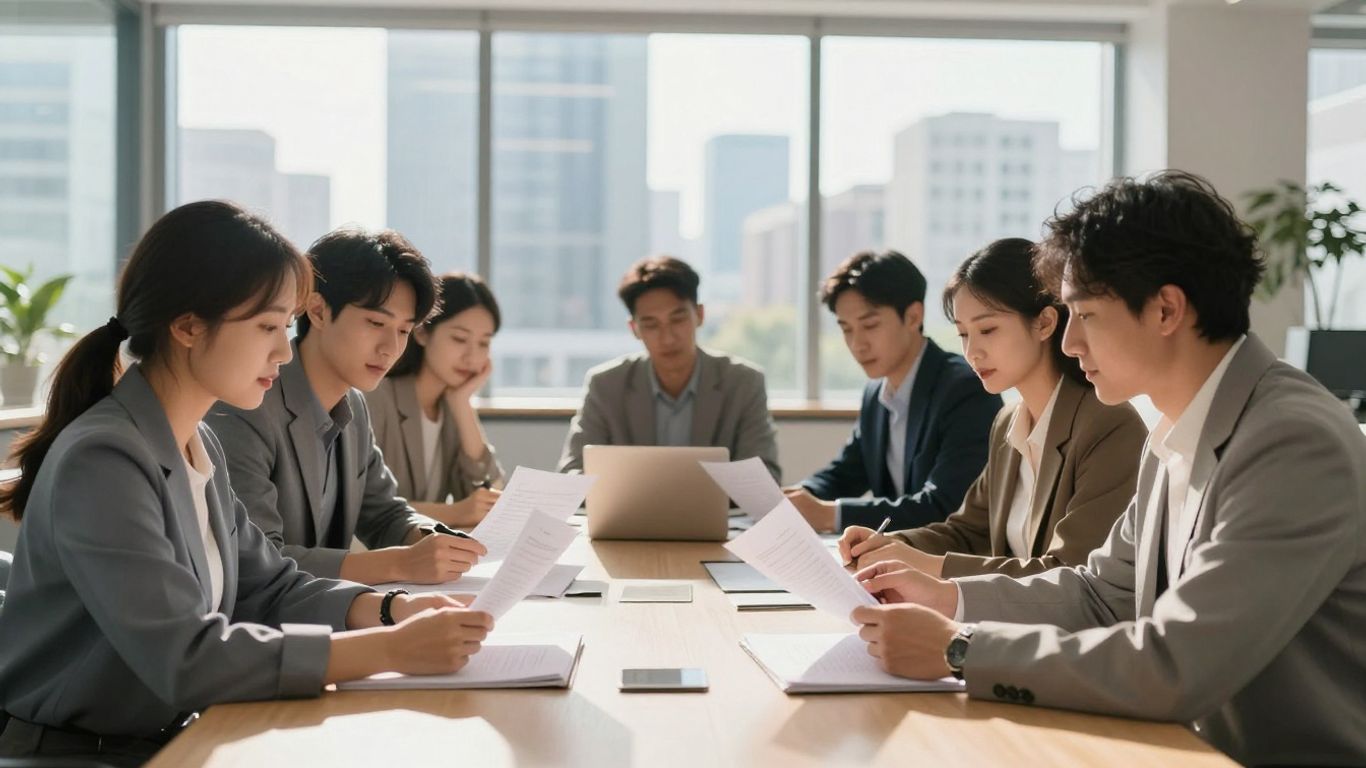 People working together on corporate responsibility documents.