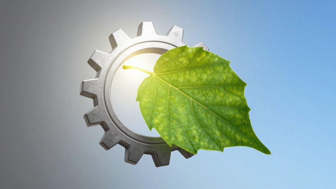 Green leaf emerging from metallic gear against a sky transition.