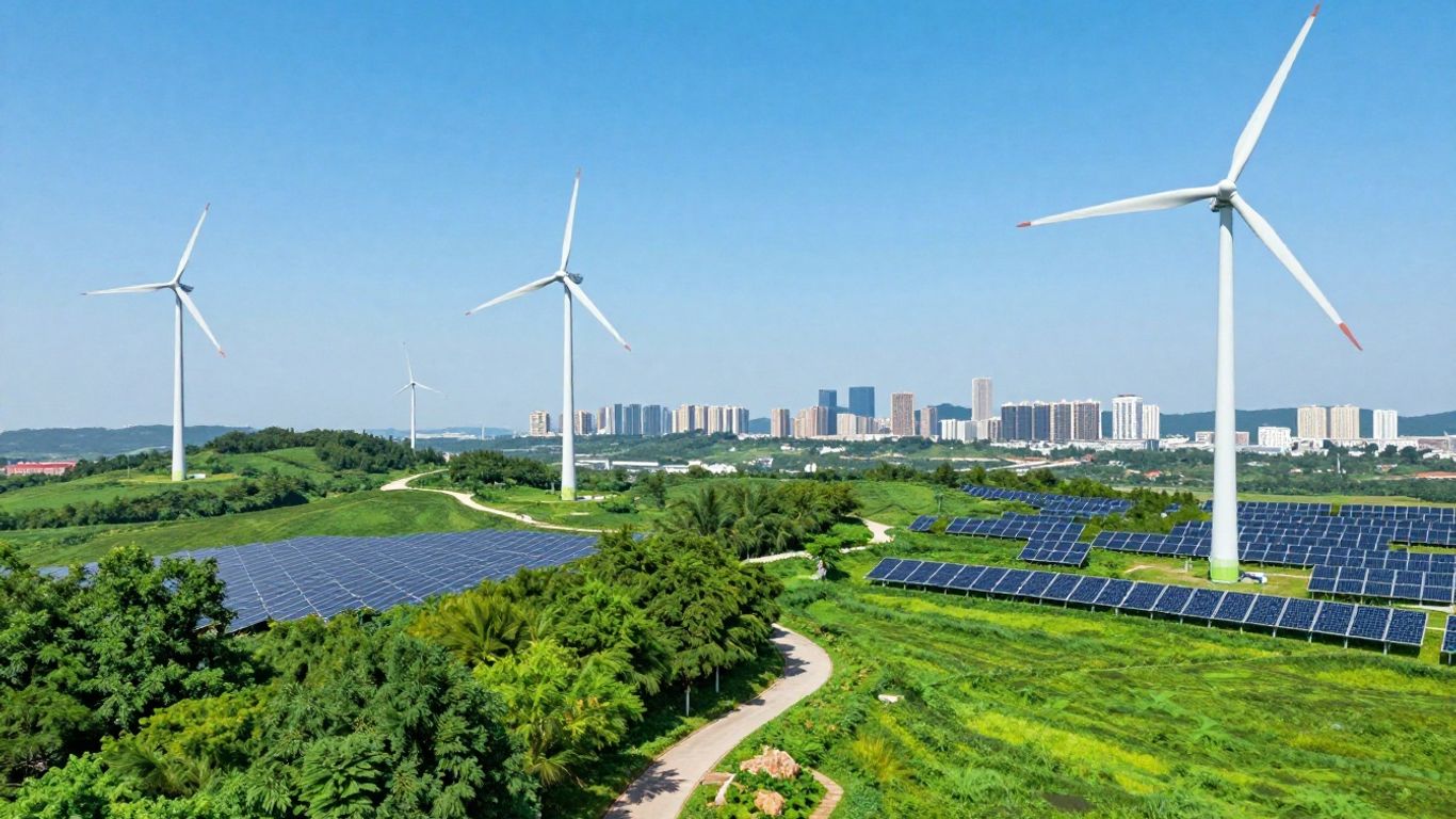 Green energy landscape with turbines and solar panels.