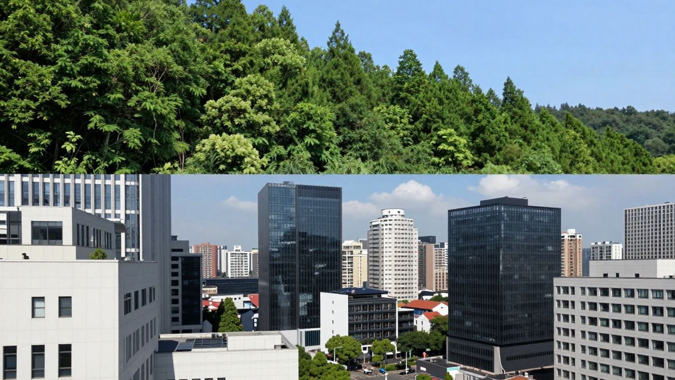 Green forest and clean city skyline split image.