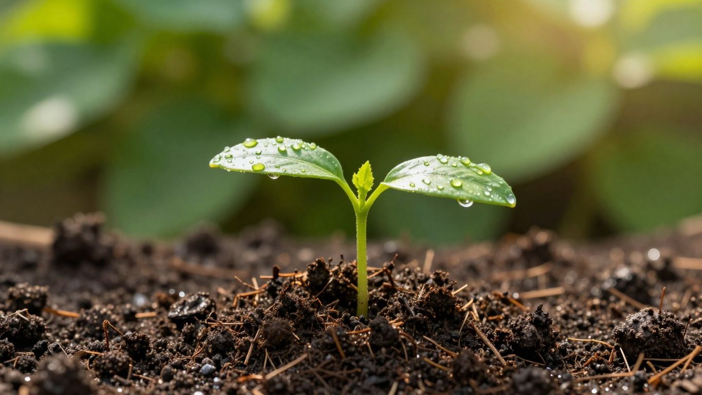 Green seedling growing from soil with water droplets.