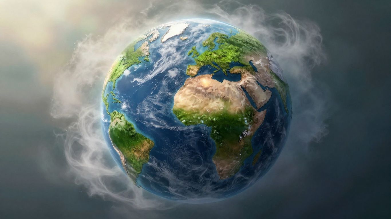 Green planet Earth with sunlight and clouds.