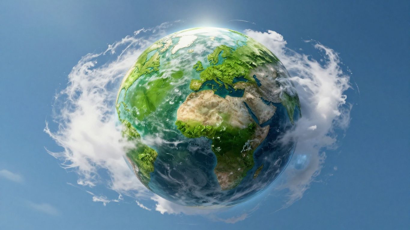 Planet Earth with clouds and sunlight.