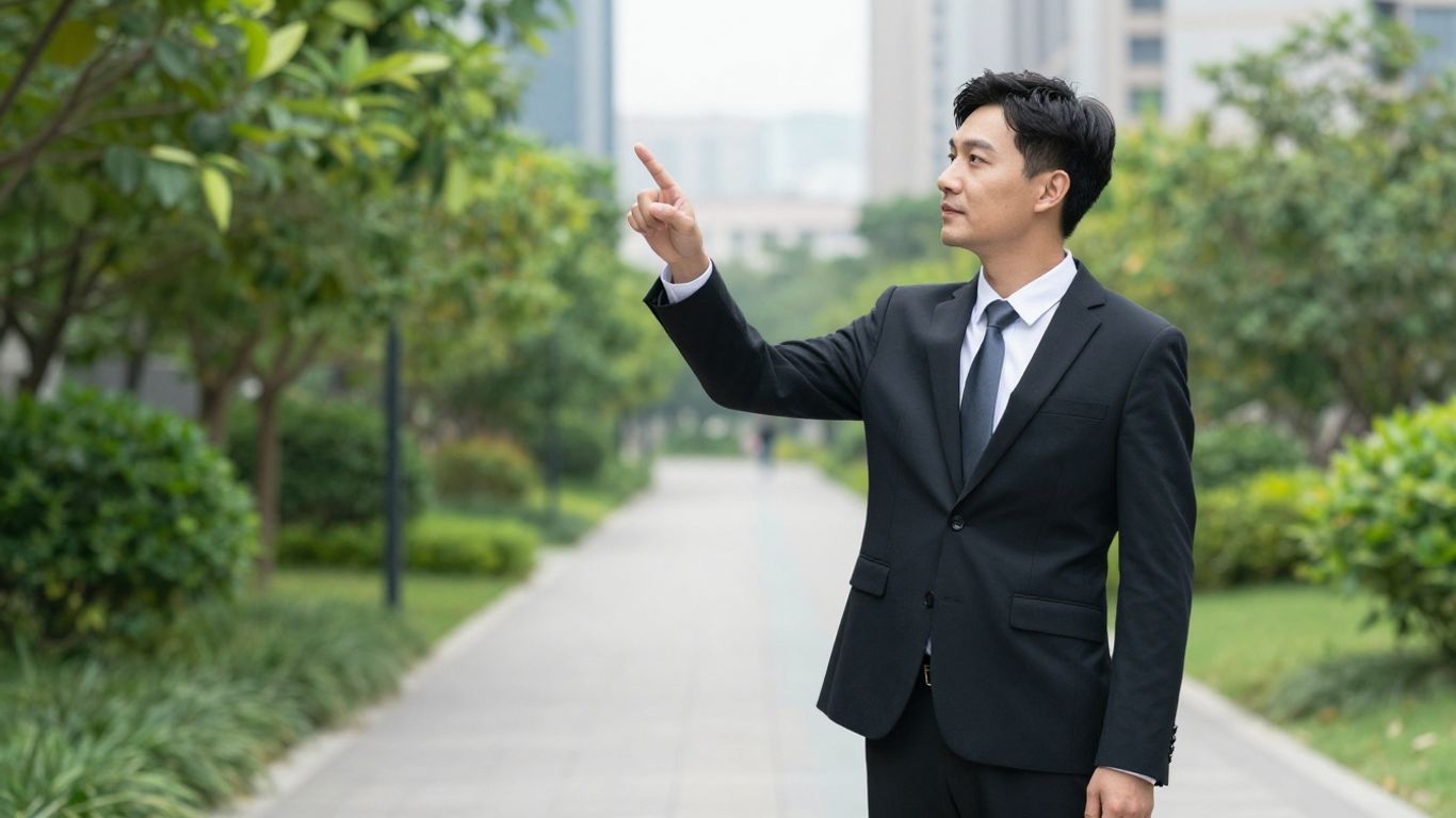 Professional pointing towards a green, upward path.