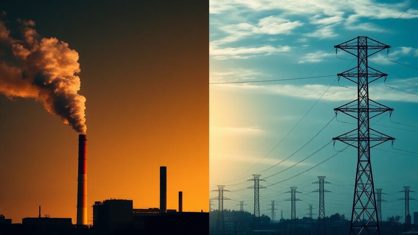 Factory smoke, power lines, and abstract supply chain elements.