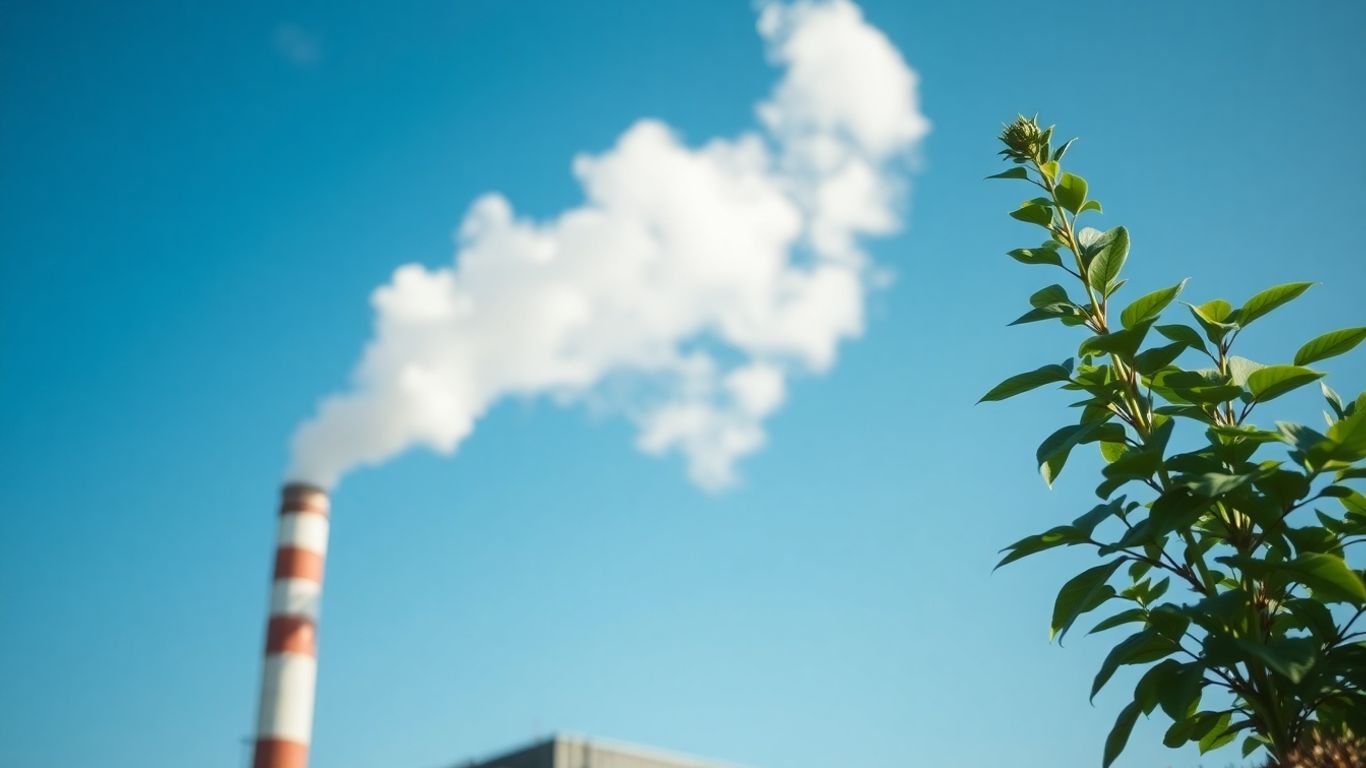 Factory smokestack with green plant, symbolizing emissions and reduction.