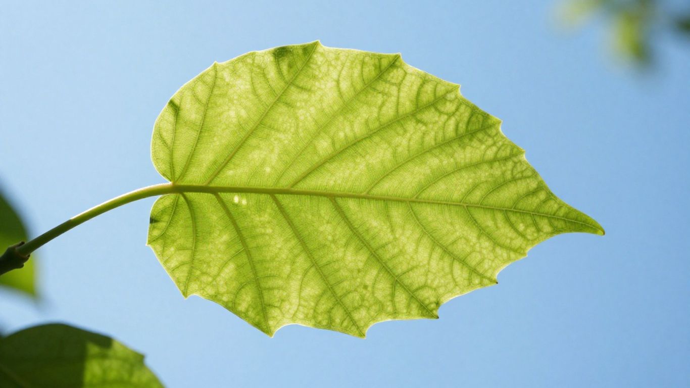Green leaf against blue sky, symbolizing environmental health.