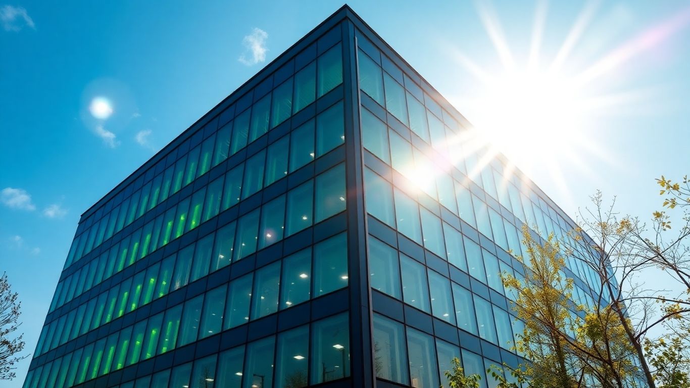 Office building with green glow and sunlight.