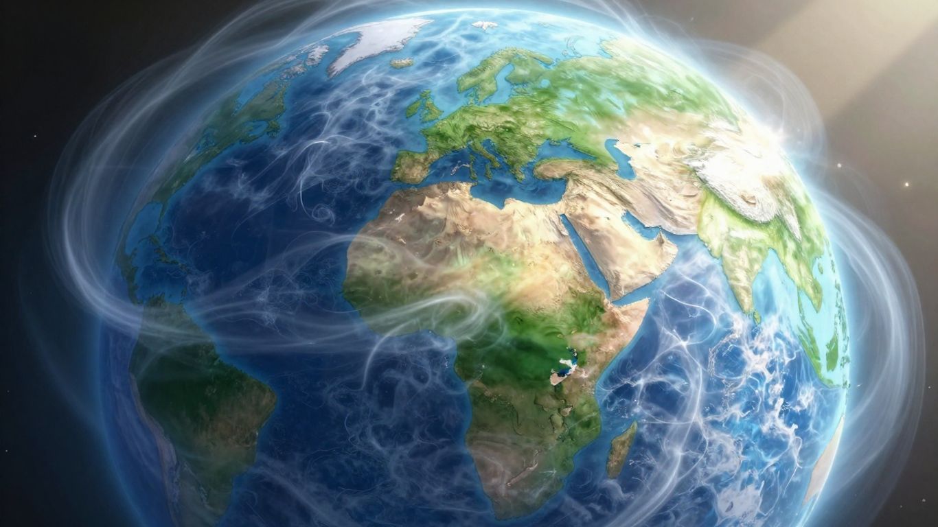 Earth globe surrounded by atmospheric gases.