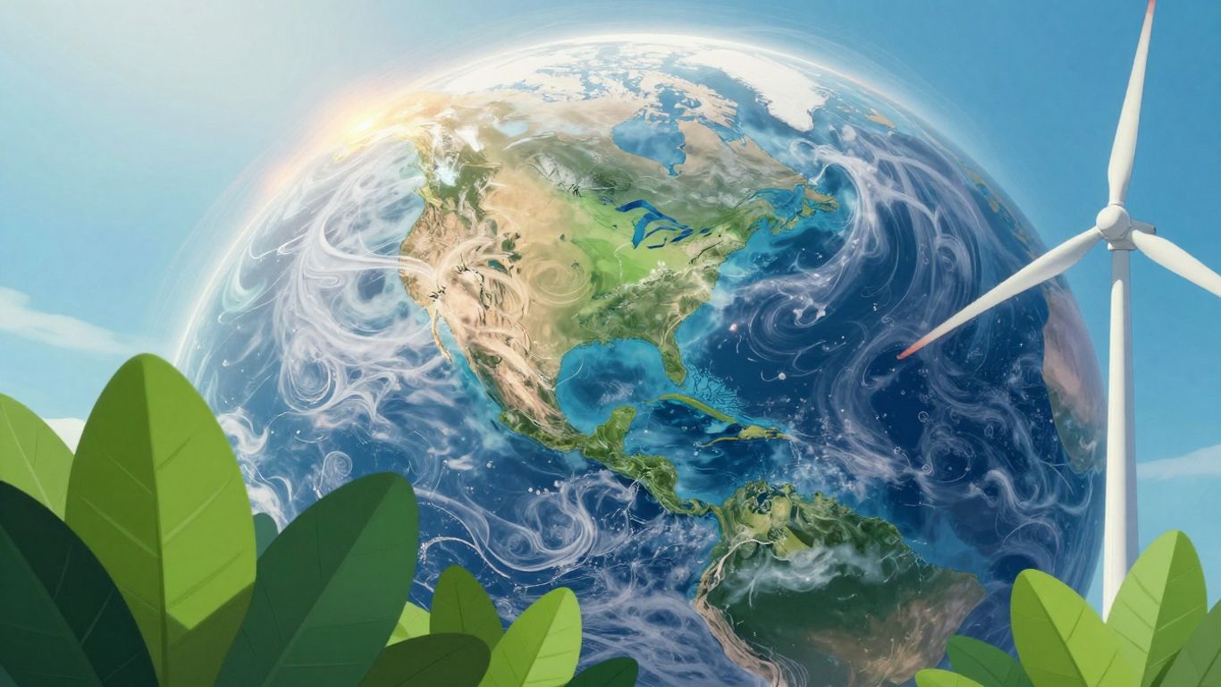 Earth with colorful atmospheric gases and green leaves.