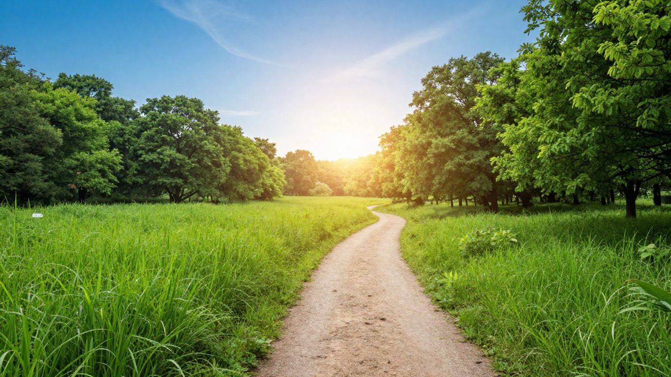 Green landscape with path to horizon, financial growth.