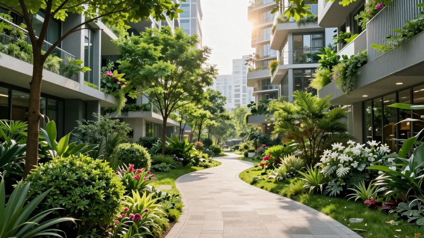 Green cityscape with sustainable buildings and natural elements.