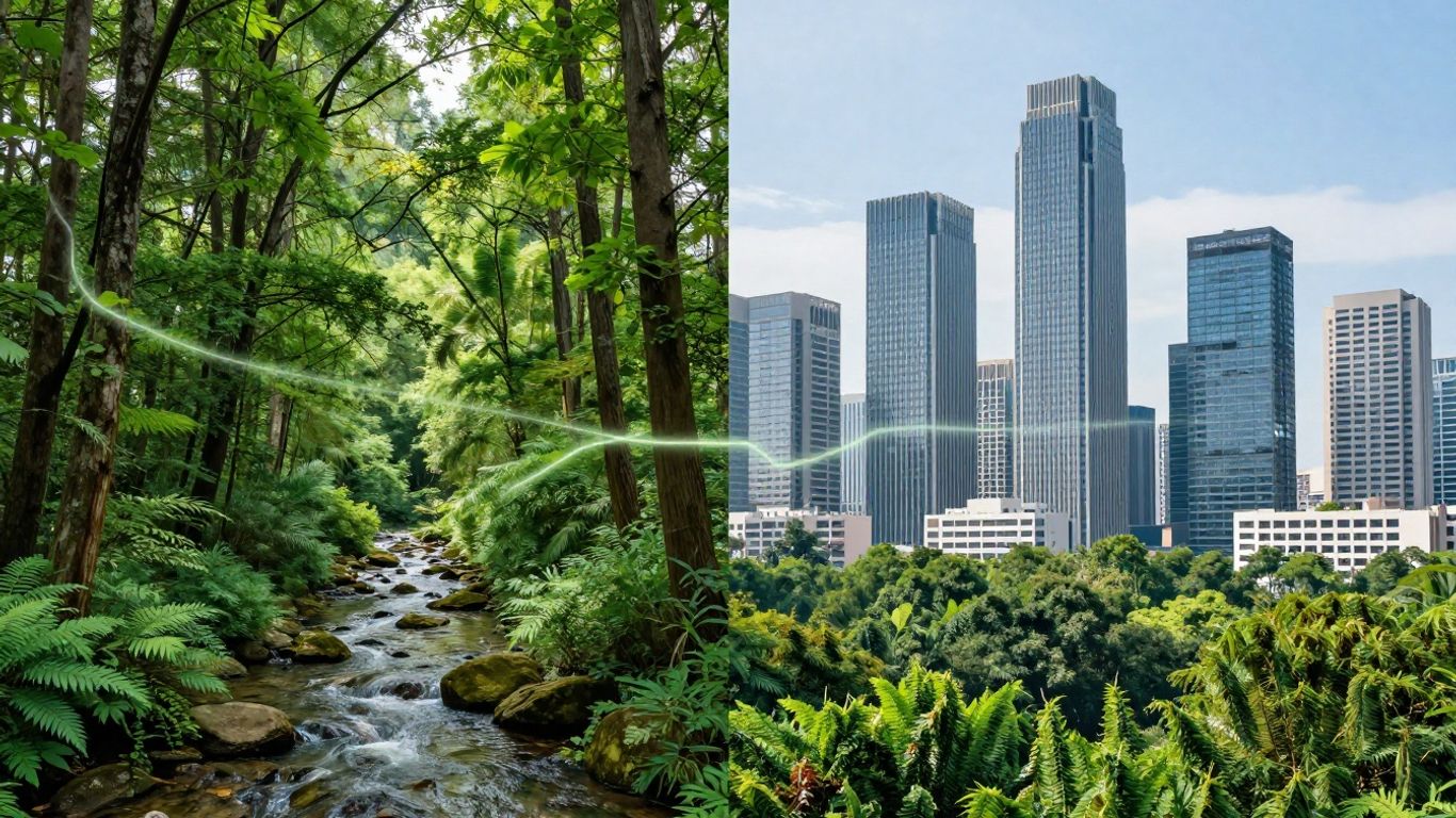 Green forest and modern city connected by a glowing line.
