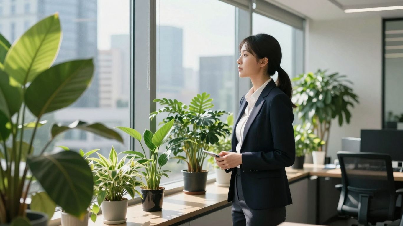 Professional looking at cityscape, symbolizing sustainable career growth.