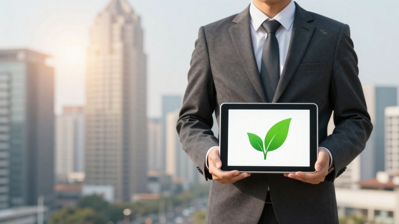 ESG consultant with tablet and cityscape background.