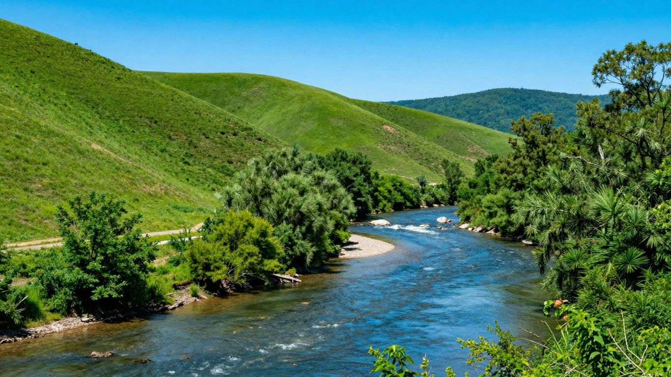 New York watershed landscape with river and green hills.