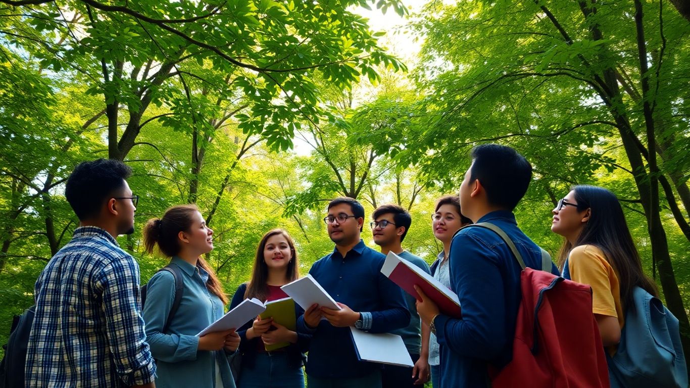Students discussing sustainability in a forest setting.