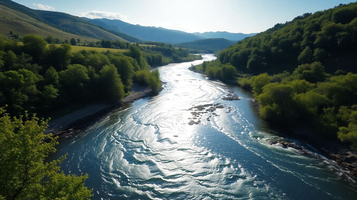 Flowing river in a lush, sunlit watershed landscape.
