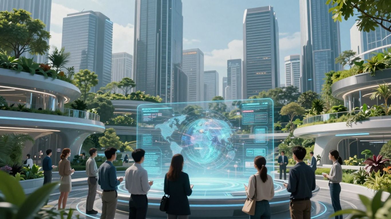 Futuristic cityscape with sustainable architecture and diverse collaboration.