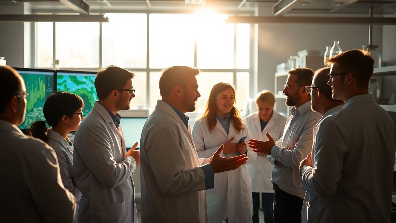 Scientists debating climate research in a modern lab