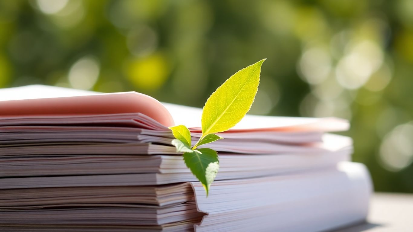 Journals on sustainability with a green leaf.