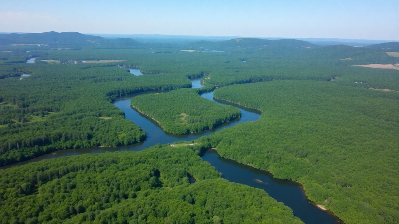 Aerial view of New York watershed landscape with rivers.