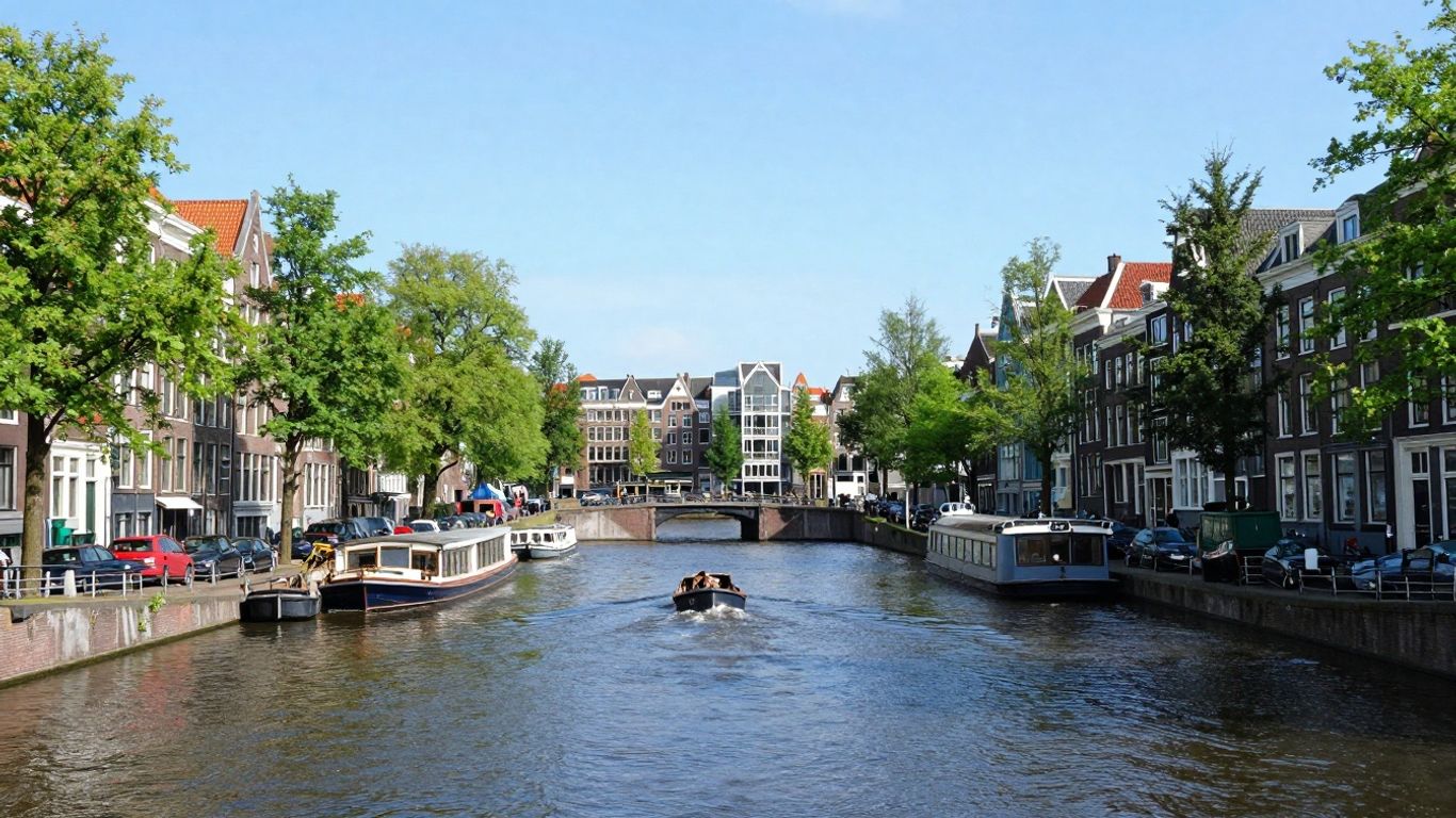 Amsterdam skyline with canals and green spaces.