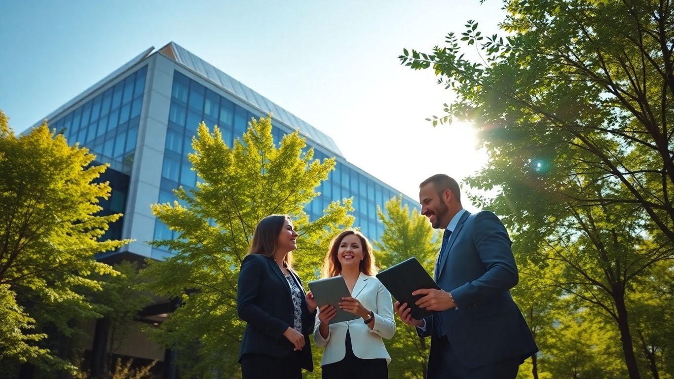 Business professionals near green corporate building with solar panels
