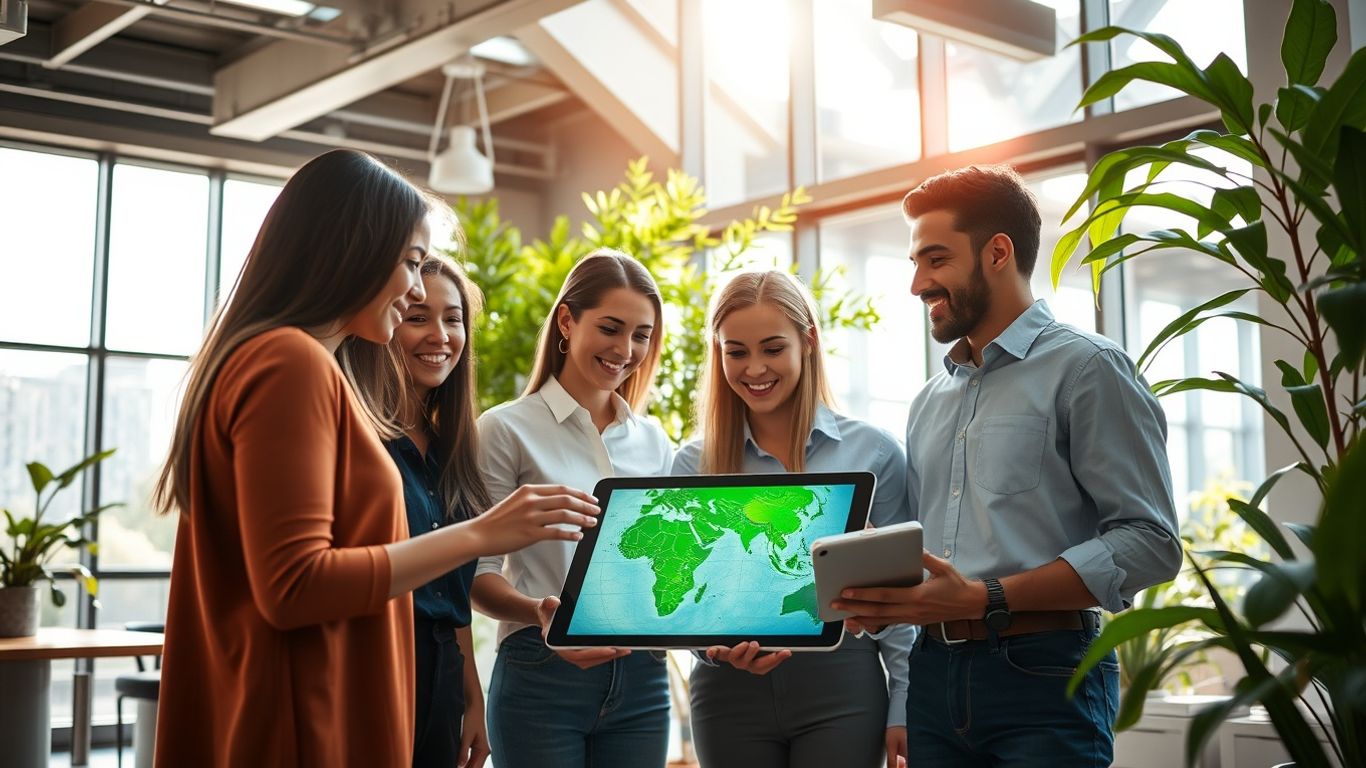 Sustainable office team using digital green technology