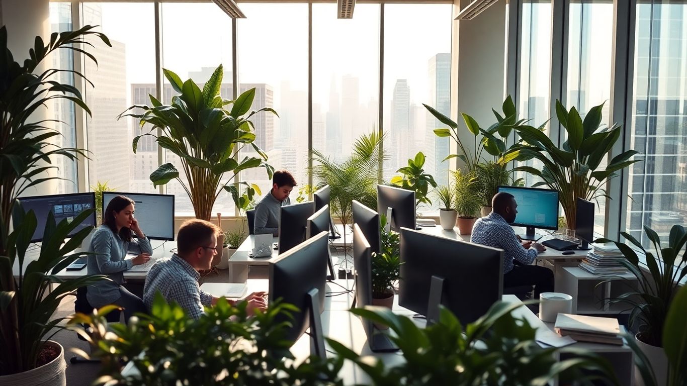 Office workers in a green, modern workspace setting.