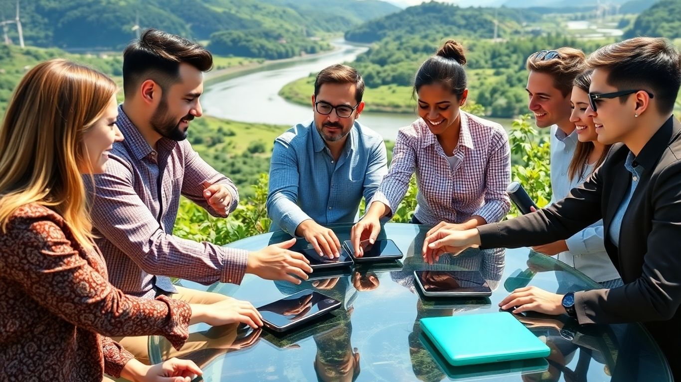 Financial professionals collaborating in nature with green landscape