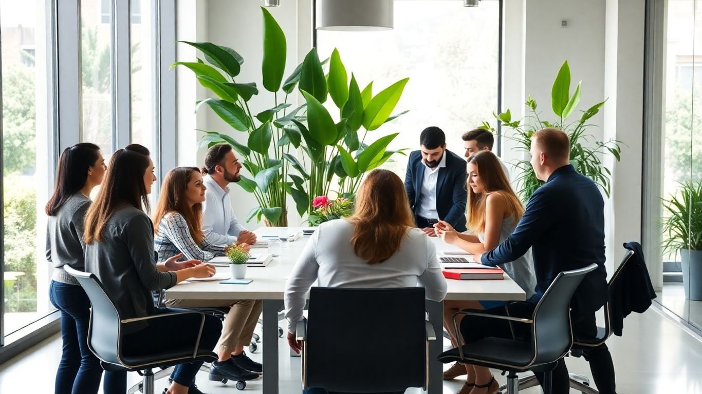 Team collaborating in a modern, eco-friendly office