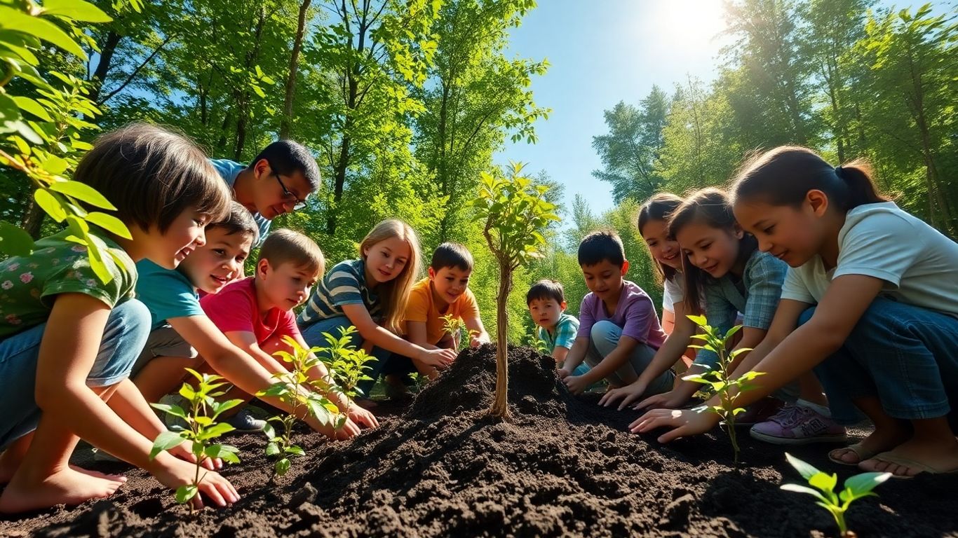People planting trees together in a sunny forest.