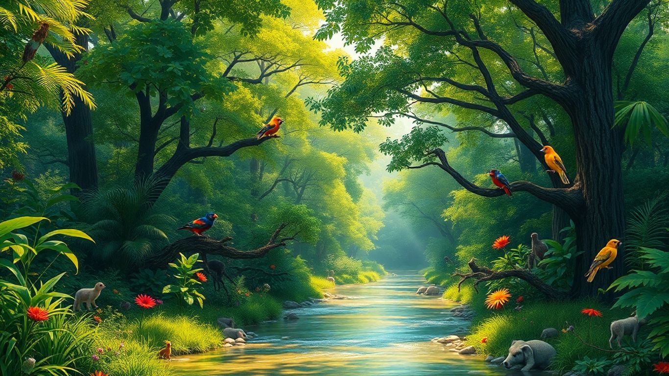Lush forest with diverse plants and animals.