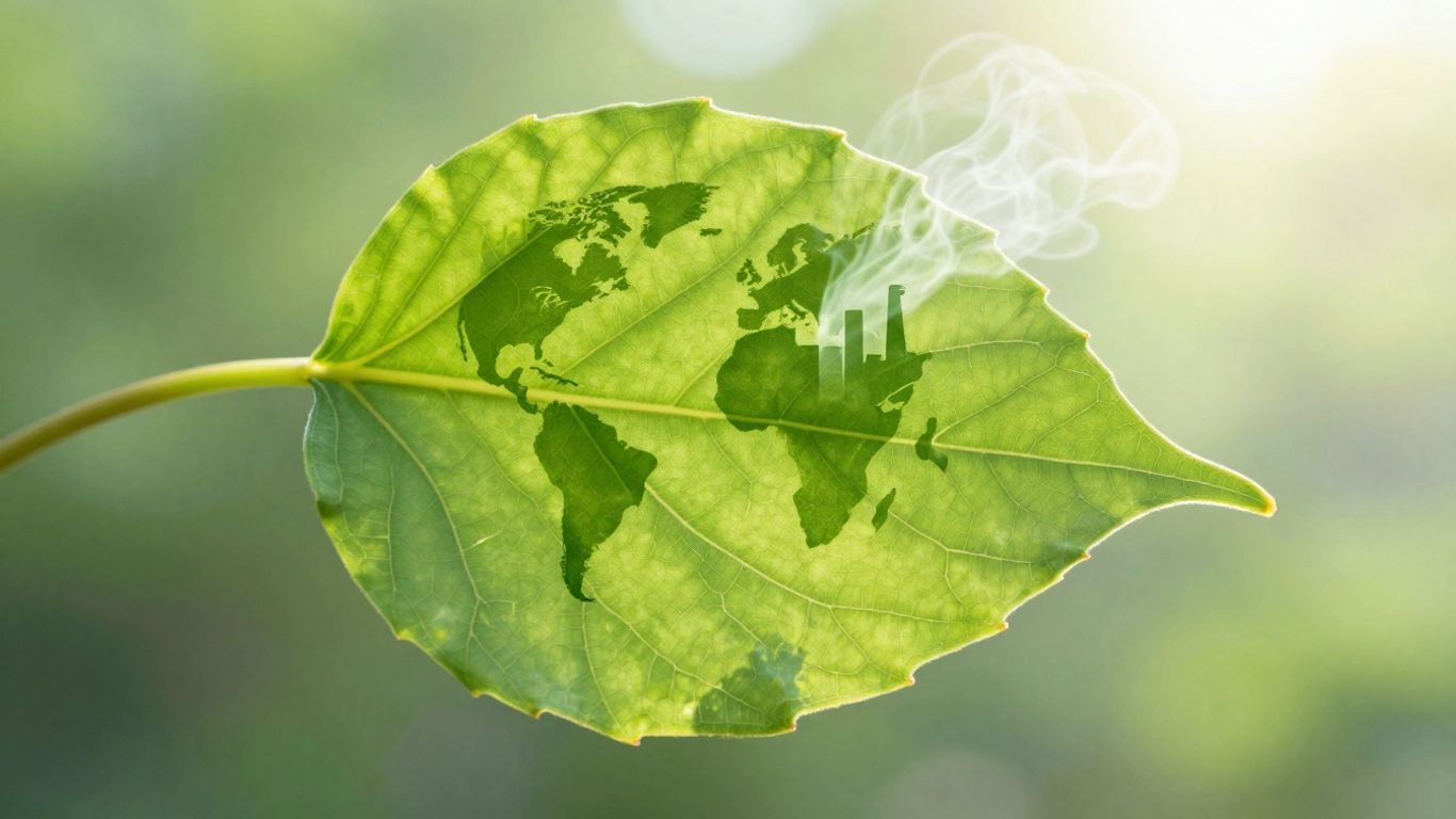 Green leaf with globe pattern, factory, and clean air.