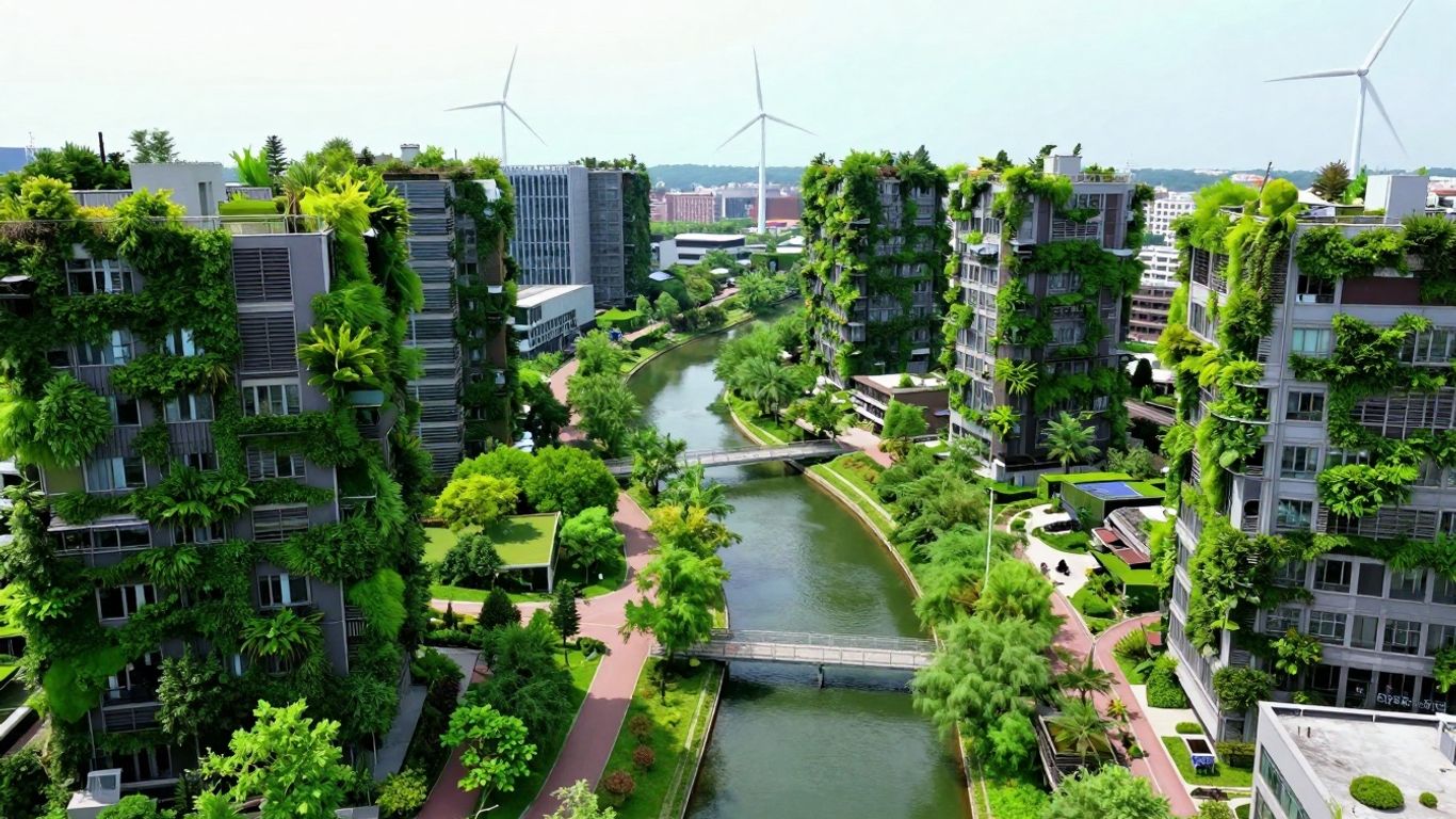Green cityscape with circular economy elements and nature.