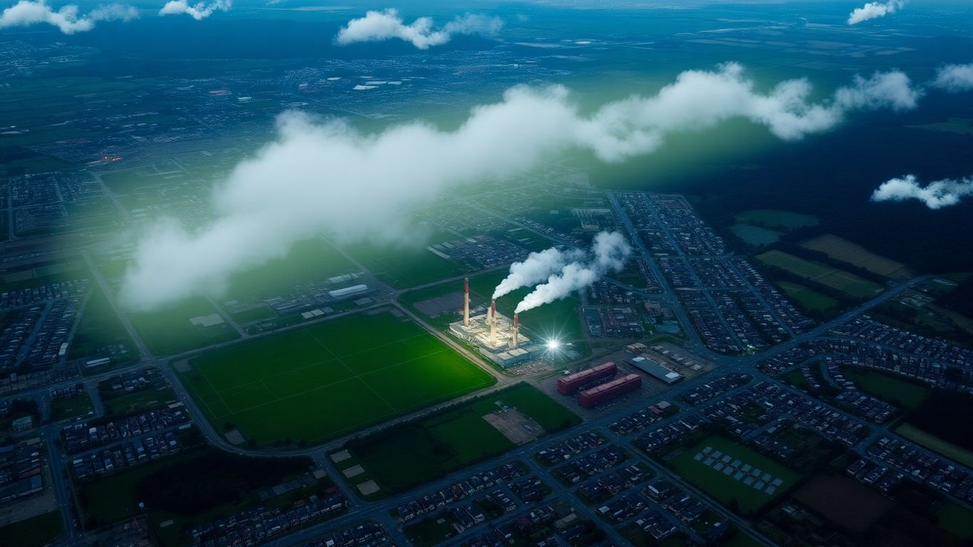City, factories, green spaces, farmland showing emissions sources