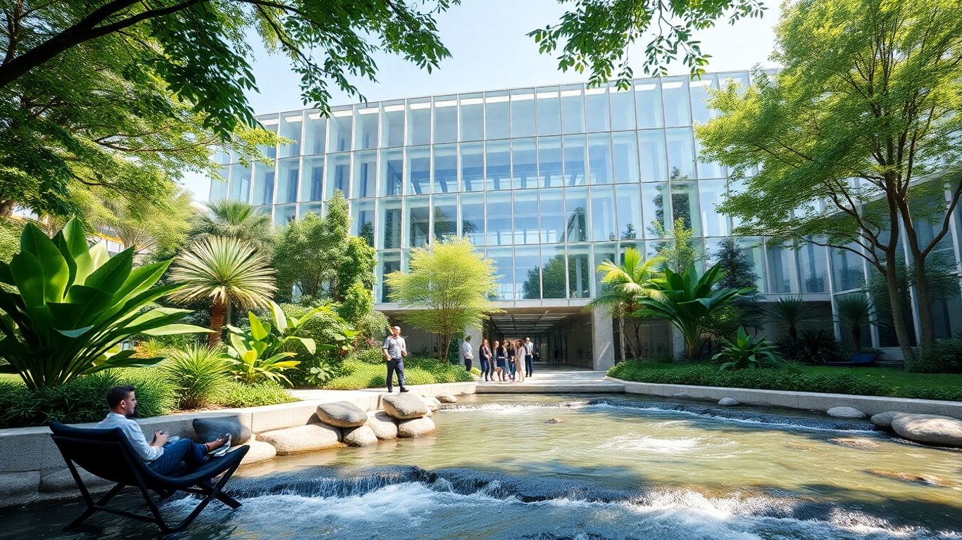 Sustainable corporate office with greenery and diverse team