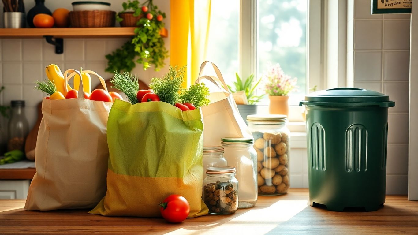 Reusable bags, fresh produce, and compost bin in kitchen