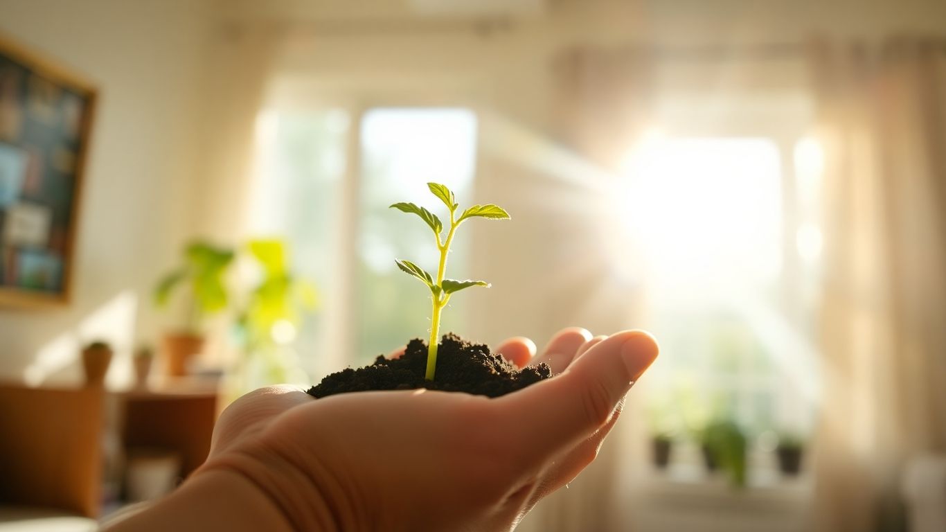 Hand holding a green seedling with sunlight in a home.