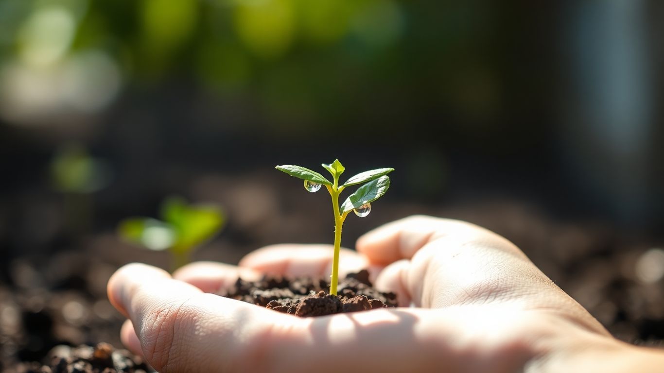 Hand holding a small plant with water droplets.