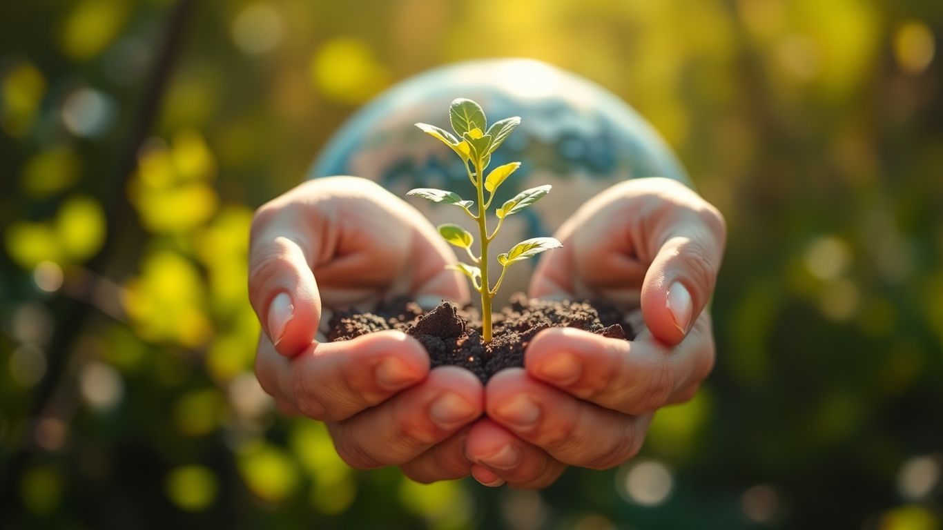 Hands holding a sapling with Earth in background.