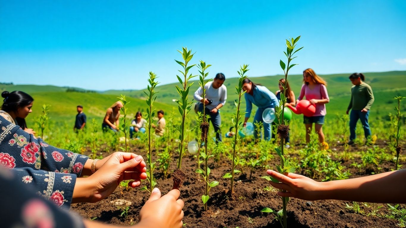 People planting trees for a greener planet.