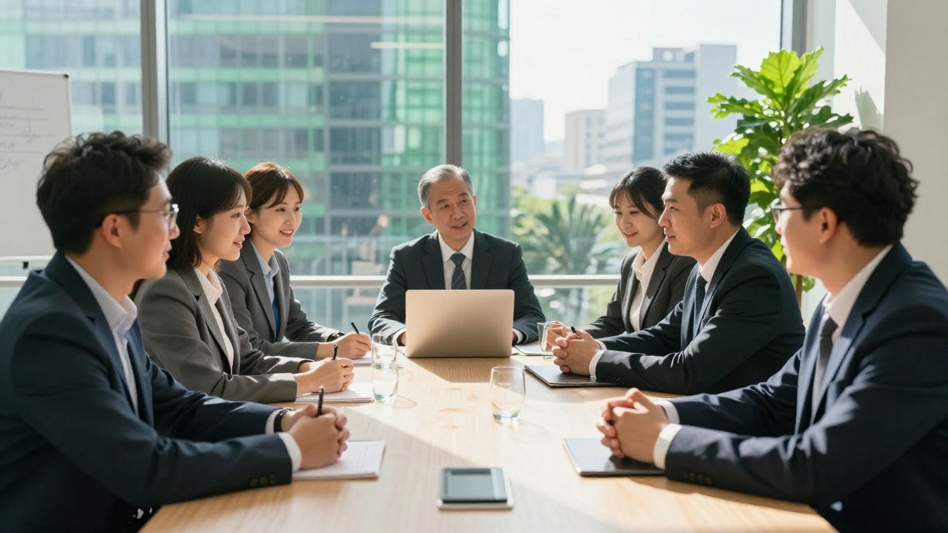 Business professionals collaborating in a green office space.