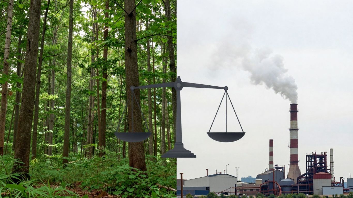 Forest and factory with a balance scale