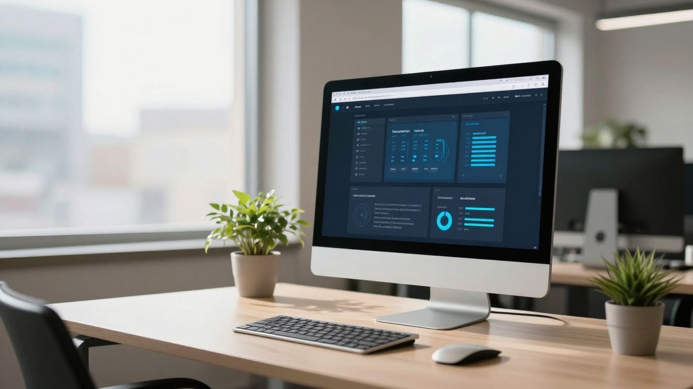 Modern office with Karbon Software interface on screen.